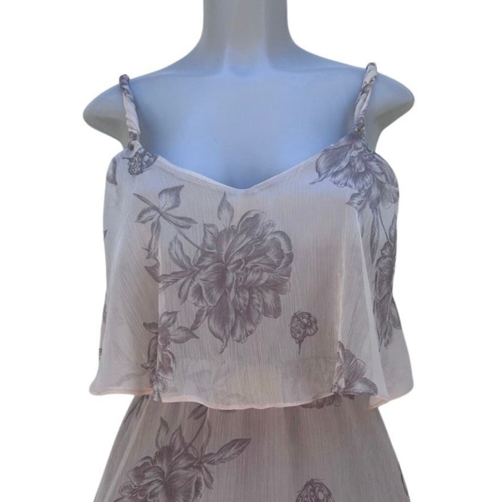 Love21 Popover High Low Dress Women's Medium Pink Taupe Floral Chiffon V-neck - Picture 3 of 14